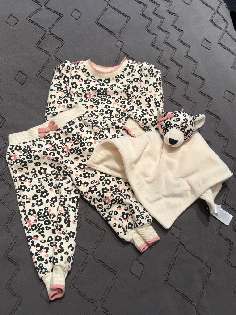 Rachel Zoe Cream, Pink and Black Leopard Kids Pajama Set with Plush Love
